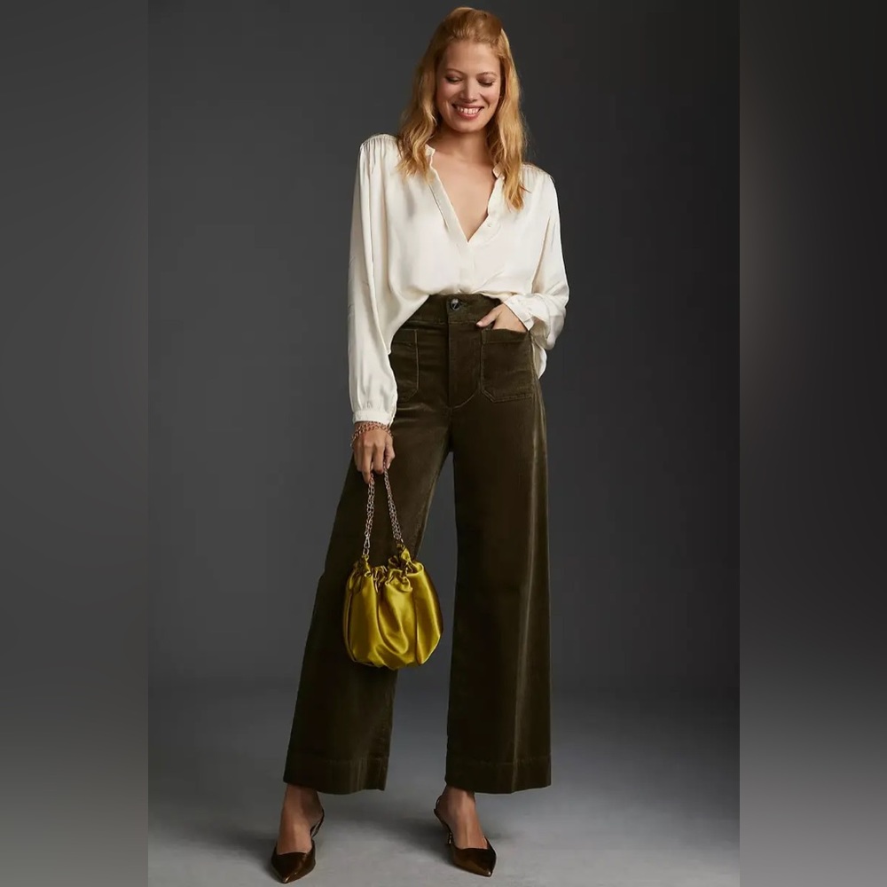 Anthropologie Colette Wide-leg Cropped Green Corduroy Pant 24P